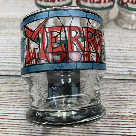 Other - Merry Christmas Drink Glasses‎ Set of 4 Stained Glass Style Holiday Barware